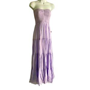 Hyfve Women's Strapless Maxi Dress Smocked Bodice Tiered Skirt Small Lavender